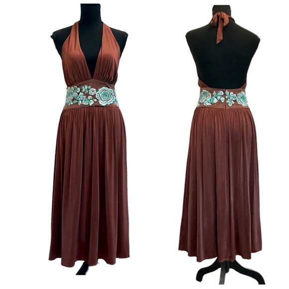 BCBGMAXAZRIA bronze brown teal embroidered beaded flower halter dress - Picture 16 of 16